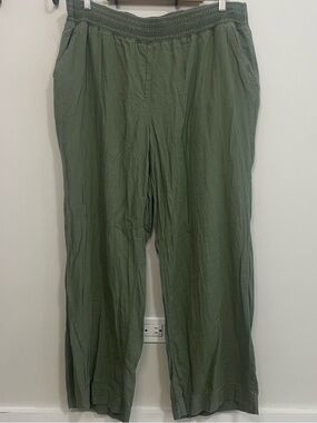 Briggs New York Olive Green Elastic-Waist Boho Linen Wide Leg Pants Spring